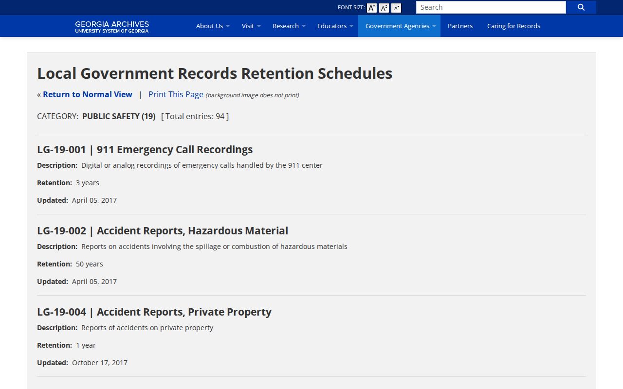 Georgia Archives public-safety records retention schedule