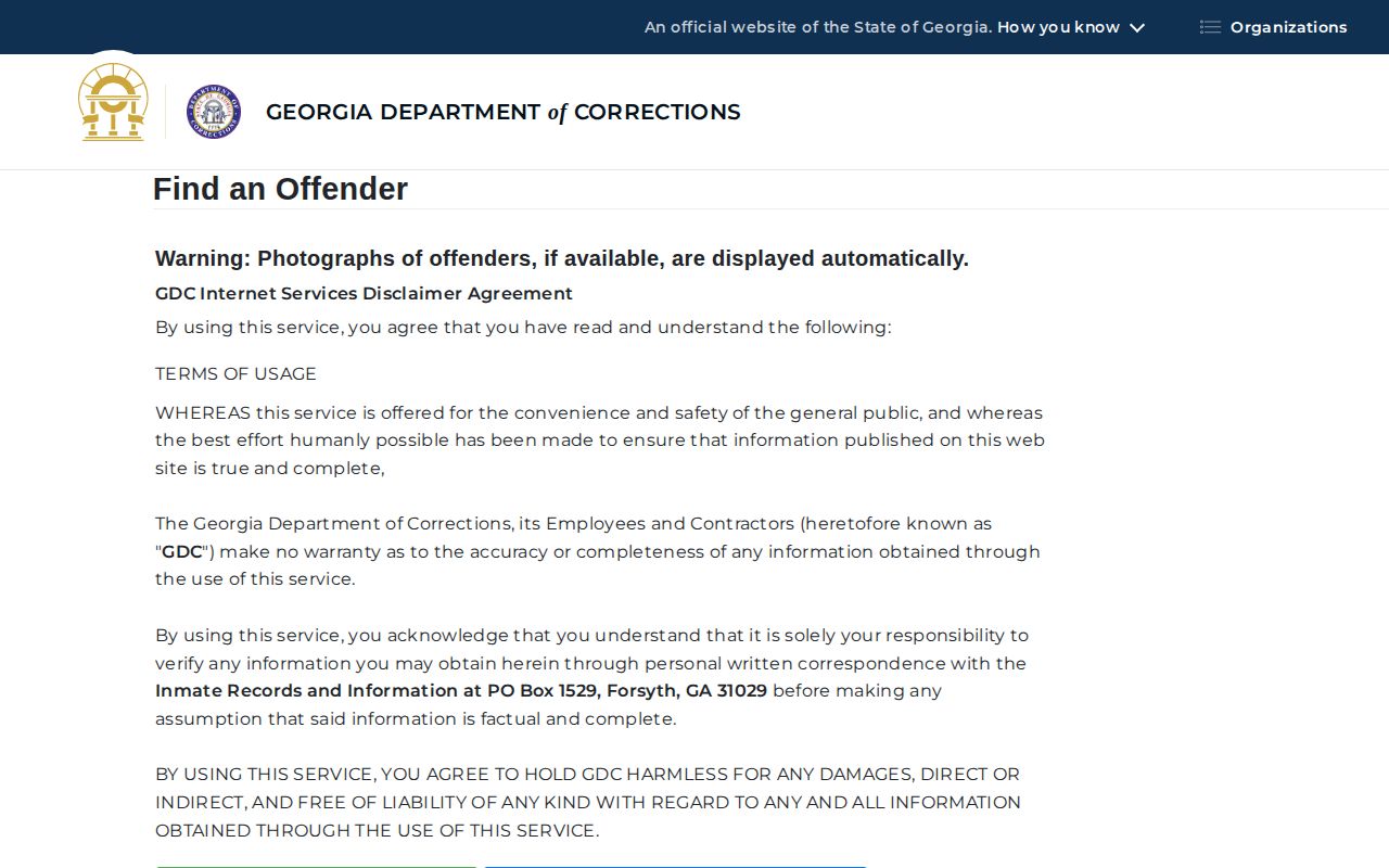 Georgia Department of Corrections official offender search form
