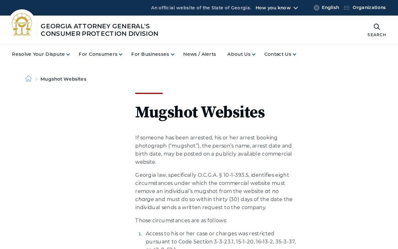 Georgia Attorney General guidance about mugshot websites and public records