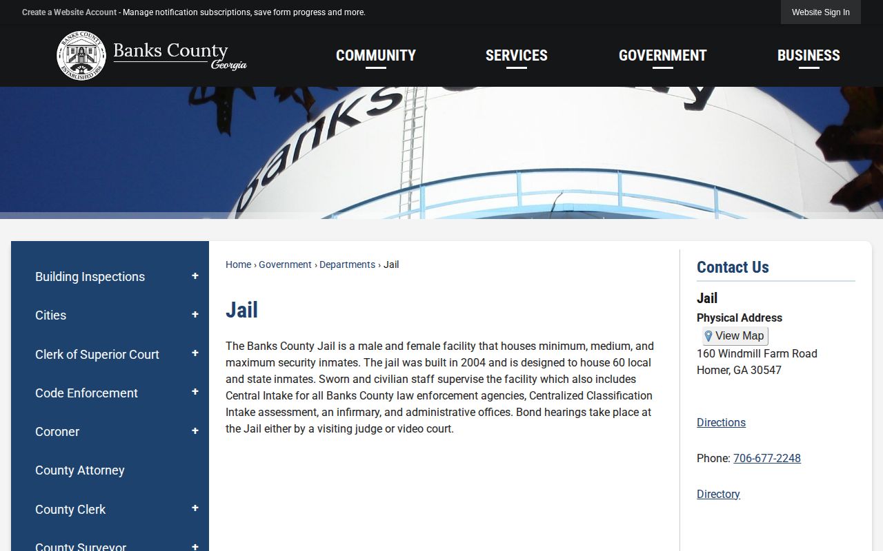 Banks County Jail official information page and booking facility details