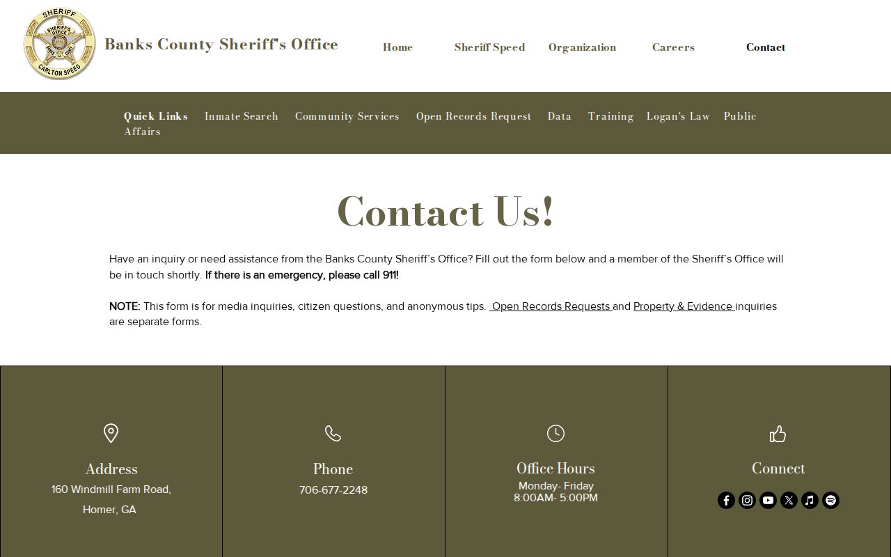 Banks County Sheriff's Office official warrant and tip record contact page